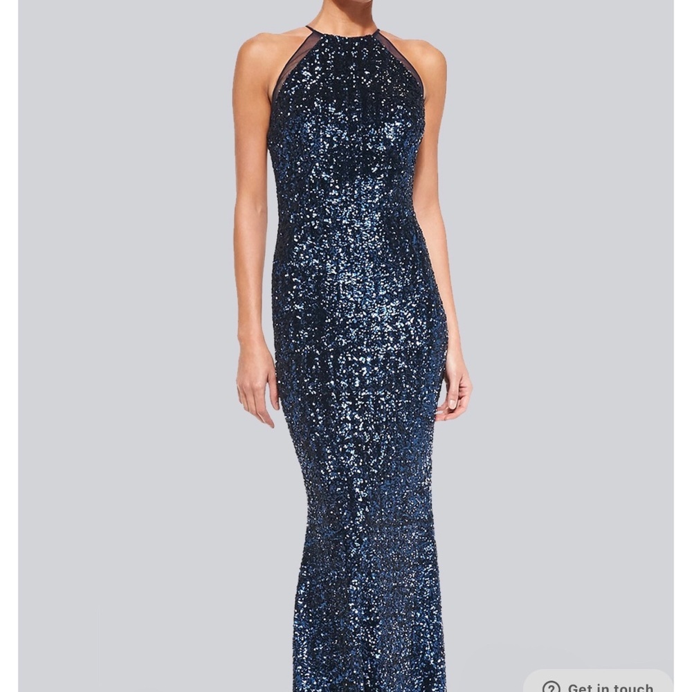 Badgley Mischka Halter Neck Navy Blue Sequined Evening Gown Dress Sz 14 $660 NWT